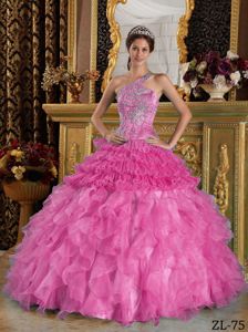 Hot Pink One Shoulder Quinceanera Dress with Beading and Ruffled Skirt