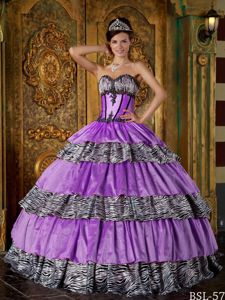 Zebra Print Quinceanera Gown Dress with Boning details and Layered Skirt