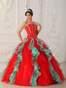 Red and Green Strapless Quinceanera Dress with Appliques and Beading