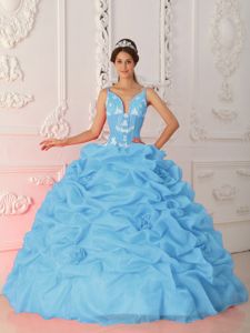 Baby Blue Quinceanera Gown Dress with Spaghetti Straps and Appliques