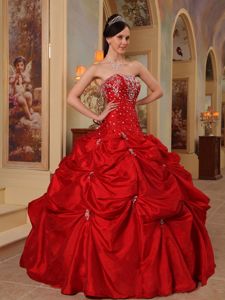 Red Taffeta Beading and Embroidery Quinceanera Dress with Strapless Neck