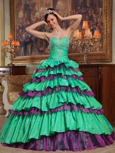Green and Purple Quinceanera Dress by Taffeta and Organza with Beading