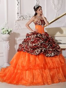 Orange Leopard Print Sweet 16 Quince Dresses with Sweep / Brush Train