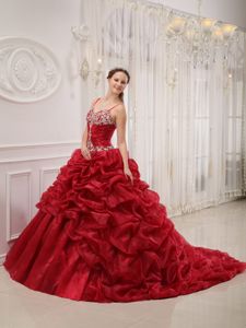 Wine Red Quinceanera Gown Dress with Spaghetti Straps and Court Train