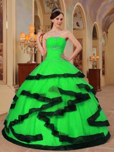 Discounted Green Sweet Sixteen Dresses with Appliques and Black Hem