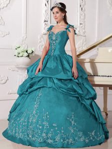 Turquoise Quinceanera Gown with Spaghetti Straps and Embroidery