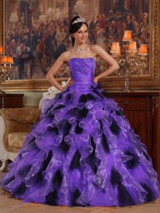 Purple and Black Strapless Quinceanera Dress with Beading and Ruffled Skirt