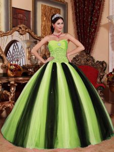 Spring Green and Black Quinceanera Dress with Beaded Waist and Ruches