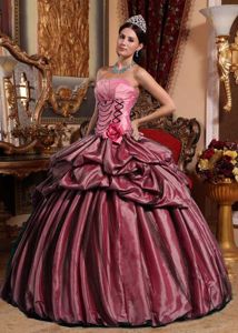 Pink Strapless Quinceanera Gown Dress with Pleats and Hand Made Flower