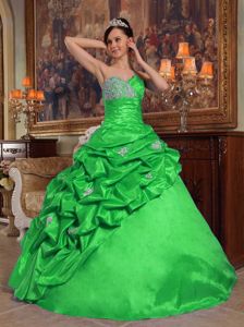 Lime Green Taffeta Quince Gowns with Beading and Asymmetrical Pick Ups