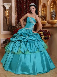 Teal Taffeta Strapless Quinceanera Gown Dress with Appliques and Pick ups
