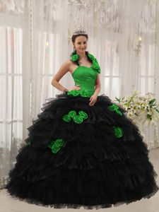 Green and Black Quinceanera Dress with Halter Top Neckline and Ruffled Skirt