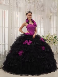 Fuchsia and Black Halter Sweet 15 Dress with Handmade Flowers and Ruffles