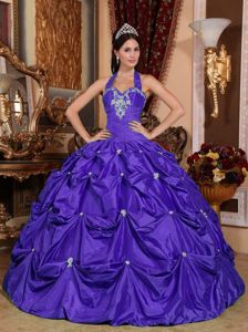 2013 Purple Halter Top Quinceanera Dress with Appliques and Pick Ups