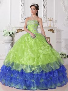 Yellow and Blue Tiered Organza Appliques Quinceanera Dresses