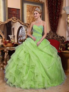 Beaded Yellow Green Quinceneara Dresses with Ruches and Appliques