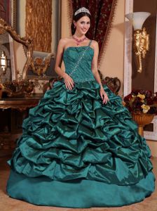 One Shoulder Teal Taffeta Quinceanera Dresses with Pick-ups