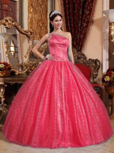 Red One Shoulder Beaded Ball Gown Tulle Sweet 15 Dresses