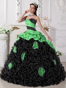 Green and Black Beaded Quinceanera Dresses with Rolling Flowers