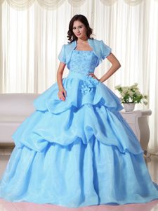 Baby Blue Strapless Floor-length Sweet 15 Dresses with Flowers