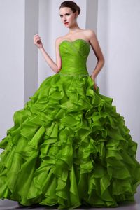 Olive Green Sweetheart Sweet 15 Dresses with Layered Ruffles