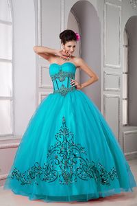 Teal Ball Gown Tulle Sweet Sixteen Dresses with Appliques