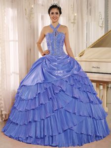 Blue Halter Beaded Layered Quinceneara Dresses with Pleats