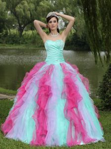 Snow White Multi-color Beaded Sweetheart Quinceneara Dresses with Ruffles