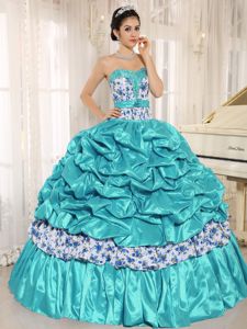Turquoise Taffeta Quinceneara Dresses with Pick-ups and Printing