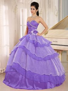 Purple Sweetheart Beaded Layered Quinceanera Dresses with Flower