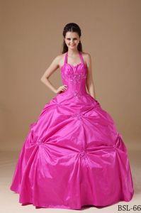Hot Pink Beaded Taffeta Quinceanera Dresses with Pick-ups