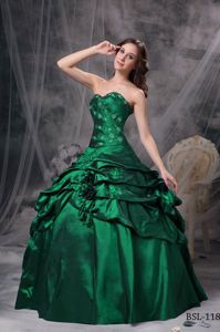 Green Appliqued Sweet 15 Dress with Pick ups and Hand Made Flowers