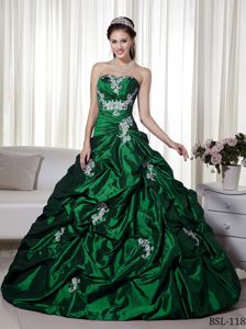 forest Green Appliqued Dresses for a Quince with Pick-ups - Quinceanera 100