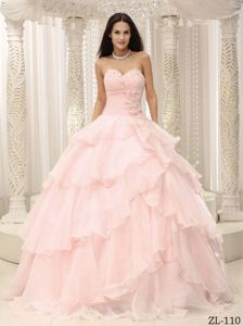 Flower Accent Waist Baby Pink Multi-Layered Dresses for a Quince