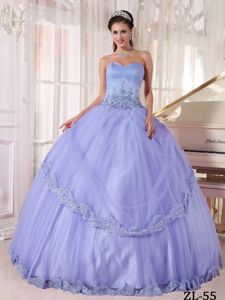 Lavender Ruched Sweetheart Tulle Dress for Quince with Appliques