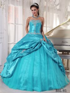 Strapless Aqua Blue Appliqued Dress for Quince with Pick-ups