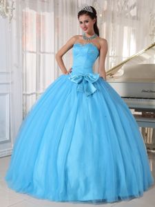 Aqua Blue Beading Dress for Quince with Bowknot and Pleats