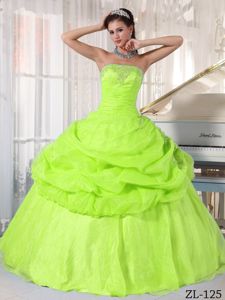 Yellow Green Appliqued Ruched Quinceanera Dress with Pick-ups