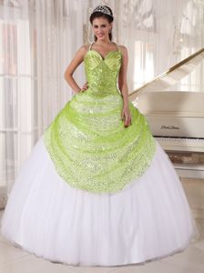 Unique Yellow Green and White Quinceanera Dress with Halter Top