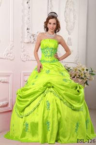 Strapless Yellow Green Dress for Quince with Appliques and Pick-ups