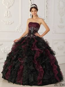 Burgundy and Black Dress for Quince with Ruffles and Appliques