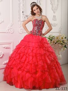 Popular Flamingo Organza Ruffled Dress for Quince with Beads