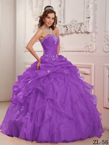 Elegant Purple Appliqued Dress for Quince with Pick-ups and Ruffles