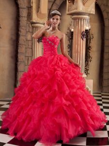 Coral Red Beading Sweetheart Quinceanera Gowns with Ruffles