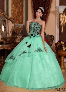 Apple Green and Black Embroidery Quinces Dresses with Hand Made Flowers
