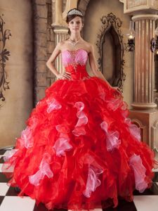 Popular Red Organza Beading Quinceanera Dresses with Ruffles