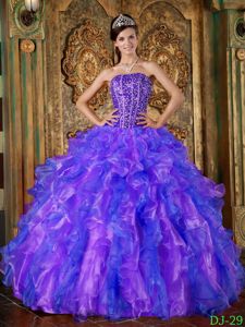 Purple Strapless Quinceanera Gowns with Beading and Ruffled Layers