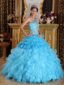 Aqua Blue Organza and Tulle Dresses for Quinceanera with Appliques