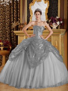 Recommended Grey Sweetheart Tulle Dress for Quince with Sequins