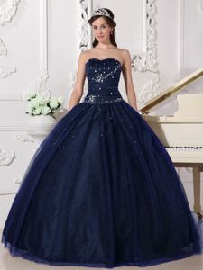 New Navy Blue Tulle Ball Gown Dress for a Quinceanera with Beading